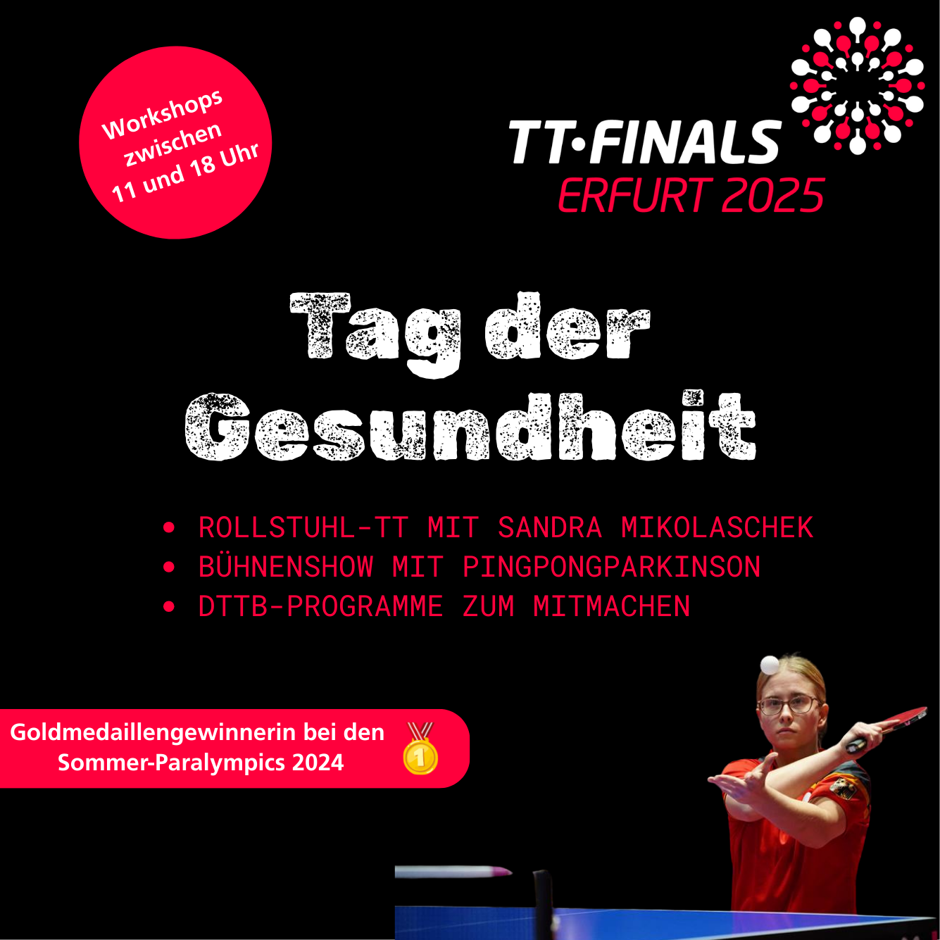 Grafik zum „Tag der Gesundheit“ mit Programmpunkten und Spielerin Sandra Mikolaschek.